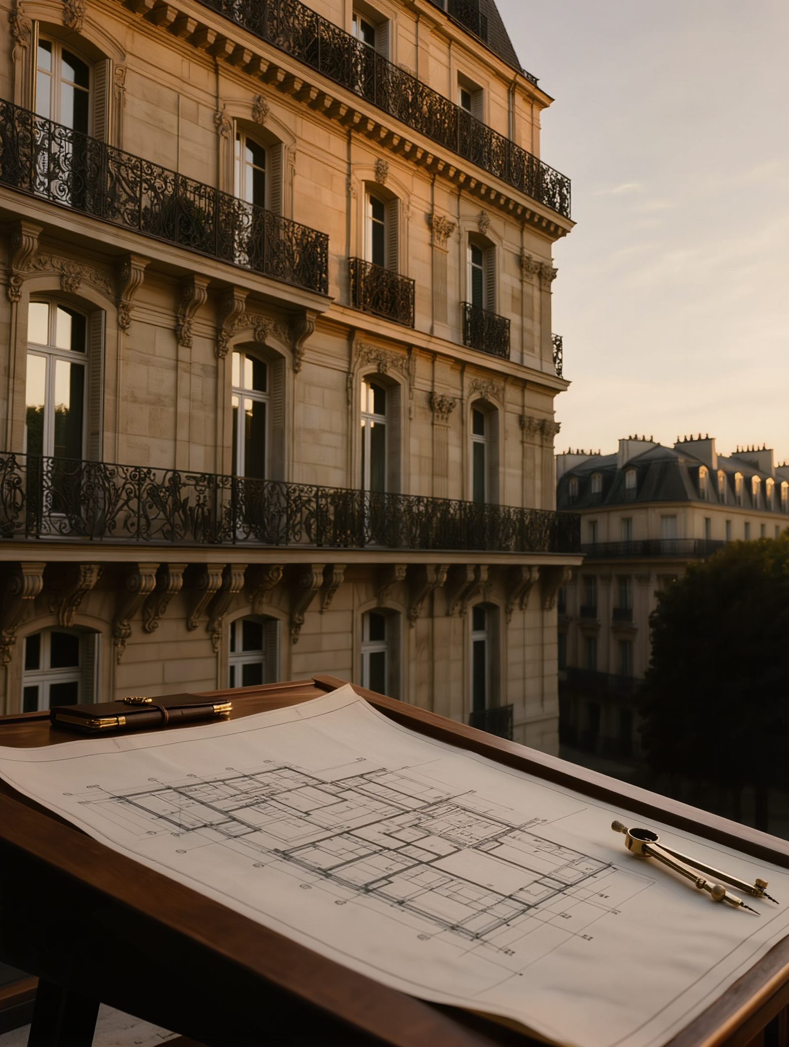 Plans architecturaux sur immeuble haussmannien